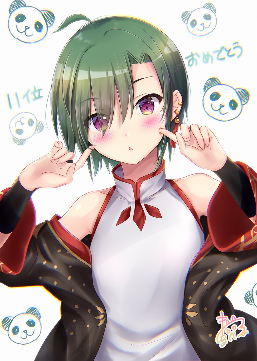 1other ahoge androgynous bangs bare_shoulders black_jacket blush chestnut_mouth china_dress chinese_clothes collarbone commentary_request covered_collarbone dress ear_piercing earrings eyebrows_visible_through_hair fingernails fingers_to_cheeks green_hair hair_between_eyes head_tilt highres jacket jewelry long_sleeves looking_at_viewer maruma_(maruma_gic) nijisanji open_clothes open_jacket parted_lips piercing ryuushen short_hair signature sleeveless sleeveless_dress solo translated upper_body violet_eyes white_background white_dress wide_sleeves