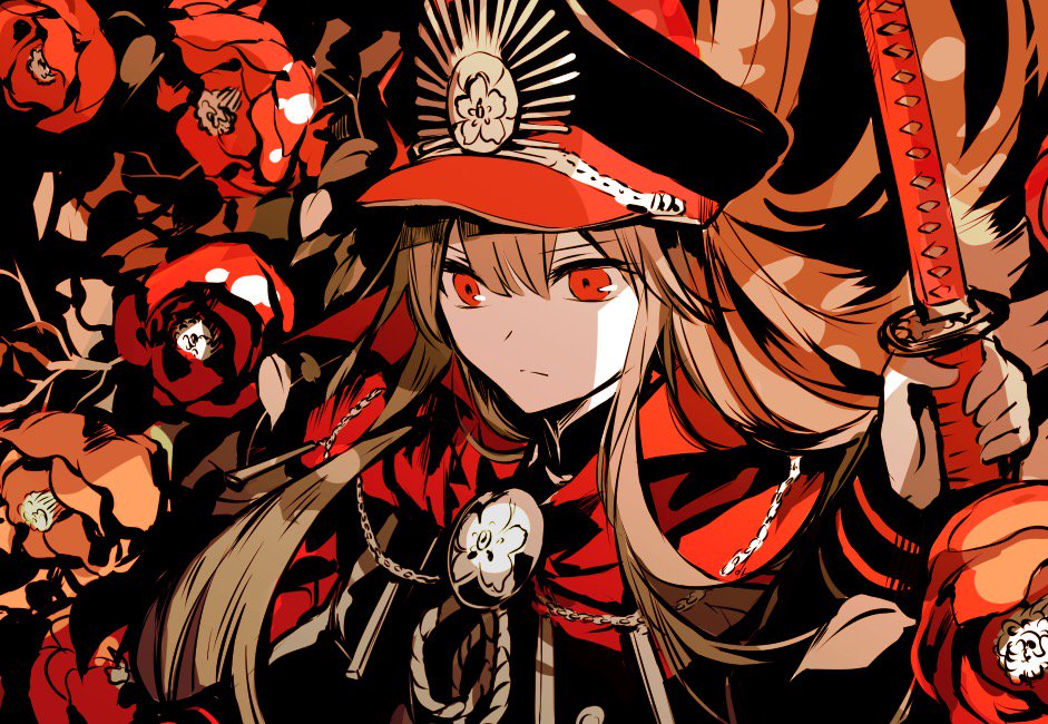 1girl black_jacket brown_hair cape chains closed_mouth commentary_request fate_(series) flower hand_up holding holding_sword holding_weapon jacket katana koha-ace long_hair long_sleeves oda_nobunaga_(fate) red_cape red_eyes red_flower red_rose rioka_(southern_blue_sky) rose solo sword upper_body weapon