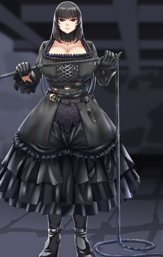 1girl bangs belt black_collar black_dress black_gloves black_hair boots breasts cleavage closed_mouth commentary_request curvy dress facing_viewer frills funeral_dress gloves gothic gothic_lolita high_heel_boots high_heels holding_whip huge_breasts indoors lolita_fashion looking_at_viewer original red_eyes smile solo standing whip yu02j0