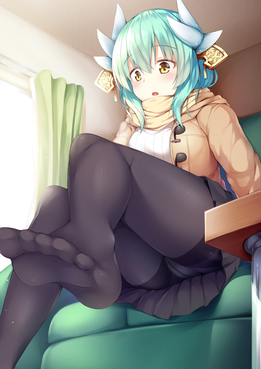 1girl ass bangs blush chair coat commentary curtains dragon_horns duffel_coat eyebrows_visible_through_hair fate/grand_order fate_(series) feet from_below green_hair hair_between_eyes hair_ornament highres horns indoors kiyohime_(fate/grand_order) long_hair looking_down open_clothes open_coat open_mouth panties panties_under_pantyhose pantyhose ribbed_sweater scarf sidelocks soles sweater underwear yellow_eyes yuki_kawachi