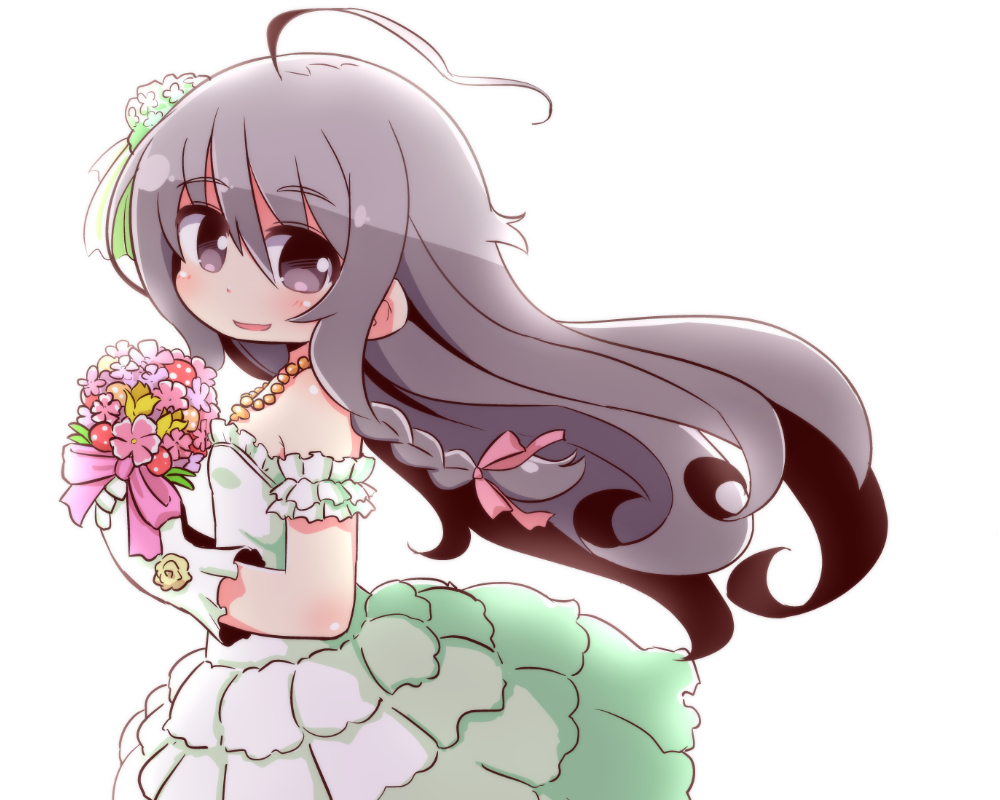 1girl ahoge bangs bare_shoulders blush bouquet bow braid breasts brown_eyes brown_hair commentary_request dress eyebrows_visible_through_hair flower from_side gloves hair_between_eyes hair_bow hair_flower hair_ornament holding holding_bouquet hoshi_shouko idolmaster idolmaster_cinderella_girls jewelry long_hair looking_at_viewer looking_to_the_side naga_u necklace parted_lips pink_bow pink_flower side_braid simple_background single_braid small_breasts smile solo strapless strapless_dress tulip very_long_hair white_background white_dress white_flower white_gloves yellow_flower yellow_tulip