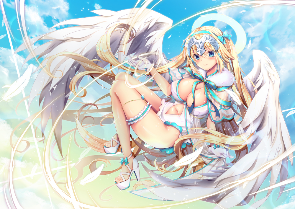 adapted_costume angel angel_wings blonde_hair blue_bow blue_eyes blue_hairband blue_ribbon bow breasts capelet cleavage fate/grand_order fate_(series) floating full_body fur_collar geko hair_bow hairband halo headpiece jeanne_d'arc_(fate) jeanne_d'arc_(fate)_(all) jeanne_d'arc_(swimsuit_archer) large_breasts leg_garter long_hair looking_at_viewer magic navel_cutout platform_footwear ribbon see-through shoes sky smile swimsuit twintails very_long_hair white_footwear white_swimsuit wings