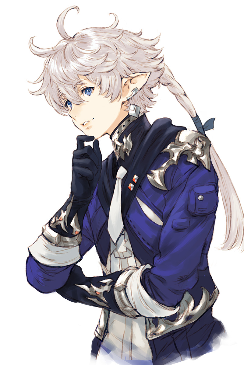 1boy ahoge alphinaud_leveilleur blue_eyes cropped_torso crossed_arms dutch_angle earrings elezen elf facing_viewer final_fantasy final_fantasy_xiv finger_to_mouth gloves high_collar highres jewelry long_hair makimura_shunsuke pointy_ears ponytail silver_hair simple_background solo upper_body white_background