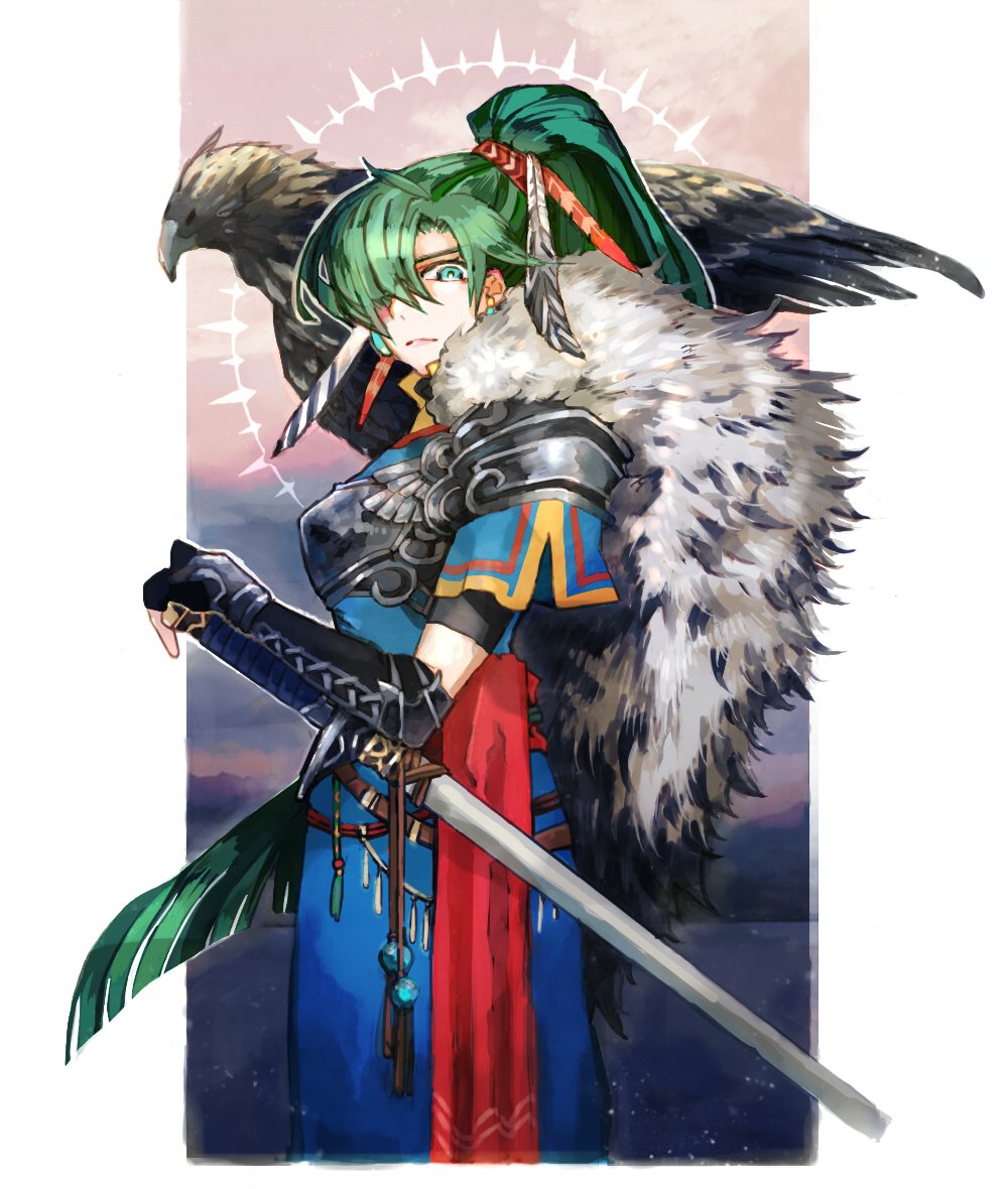 1girl animal armor bird fingerless_gloves fire_emblem fire_emblem:_rekka_no_ken fire_emblem_heroes fur_trim gloves green_eyes green_hair hair_ornament hawk high_ponytail long_hair lyndis_(fire_emblem) nintendo pelvic_curtain ponytail side_slit simple_background solo sword touji_22 weapon