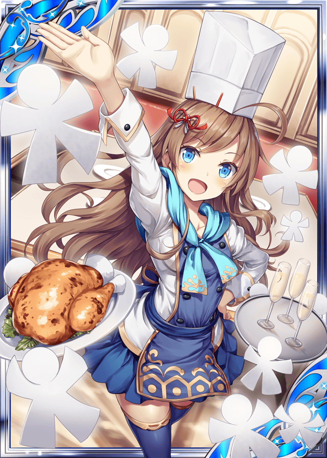 1girl :d akkijin blue_eyes blue_ribbon breasts brown_hair card_(medium) chef chef_hat chef_uniform chicken_(food) dish food frilled_skirt frills frying_pan glass hair_ornament hand_up hat indoors long_hair looking_at_viewer looking_up medium_breasts official_art open_mouth ribbon shikigami shinkai_no_valkyrie skirt smile table thigh-highs
