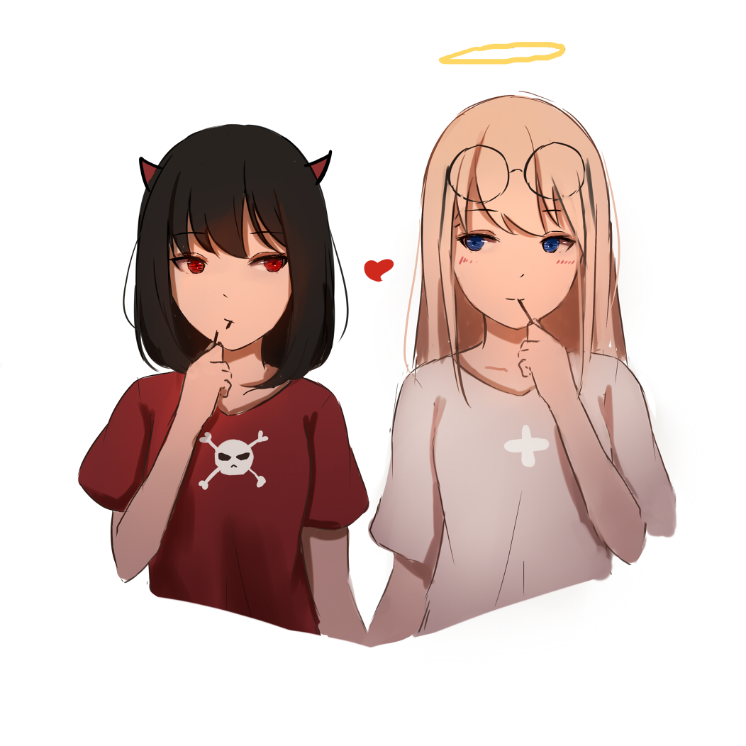 2girls angel_and_devil bangs black_hair blonde_hair blue_eyes blush closed_mouth collarbone cropped_torso demon_horns eye_contact eyebrows_visible_through_hair eyewear_on_head food food_in_mouth glasses hair_between_eyes halo holding holding_food horns long_hair looking_at_another looking_to_the_side multiple_girls original pocky red_eyes red_shirt round_eyewear shimmer shirt short_sleeves simple_background skull_and_crossbones smile white_background white_shirt