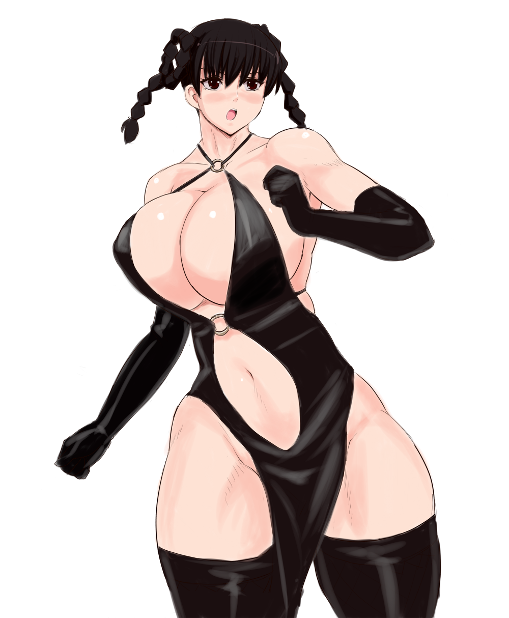 1girl 78_(tky8) black_gloves black_hair black_legwear braid breasts brown_eyes cleavage dead_or_alive dress elbow_gloves gloves highres large_breasts lei_fang looking_at_viewer navel o-ring o-ring_top open_mouth panties pelvic_curtain revealing_clothes simple_background solo thigh-highs thighs twin_braids underwear white_background