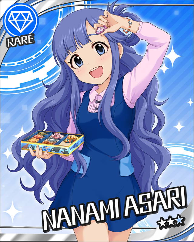 blue_eyes blue_hair blush character_name dress foods idolmaster idolmaster_cinderella_girls long_hair nanami_asari smile stars