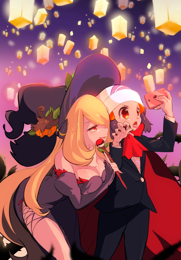 2girls bare_shoulders black_cape black_nails black_pants black_robe black_sleeves black_suit blonde_hair breasts cap cape cellphone chorimokki cleavage creatures_(company) detached_sleeves fangs formal game_freak gen_6_pokemon hair_ornament hat hat_ornament hikari_(pokemon) leaning_forward long_hair medium_breasts multiple_girls nail_polish nintendo orange_eyes pants phone poke_ball pokemon pose pumpkaboo purple_background red_cape red_neckwear shirona_(pokemon) smile standing suit taking_picture tongue tongue_out very_long_hair wand witch_hat yuri