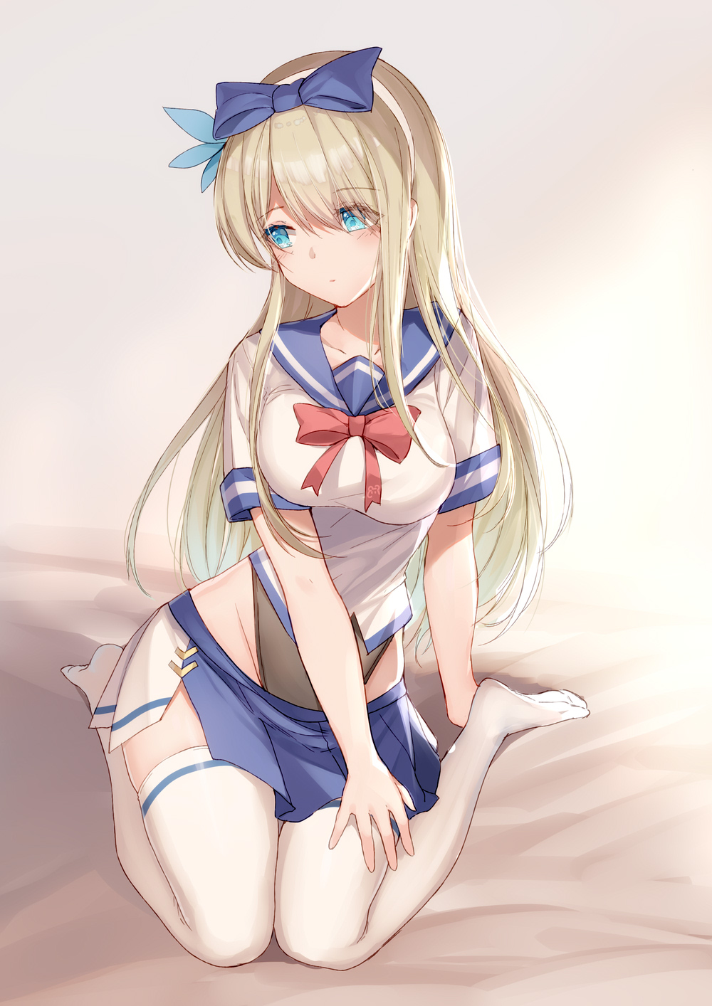 1girl arm_support bangs bison_cangshu blonde_hair blue_bow blue_eyes blue_sailor_collar blue_skirt blush bow bowtie breasts character_request closed_mouth collarbone commentary crop_top expressionless eyebrows_visible_through_hair full_body groin hair_bow hair_ornament hairband highres large_breasts long_hair looking_to_the_side miniskirt no_shoes pleated_skirt red_neckwear sailor_collar school_uniform serafuku short_sleeves sidelocks sitting skindentation skirt solo symbol_commentary thigh-highs wariza white_legwear zhan_jian_shao_nyu