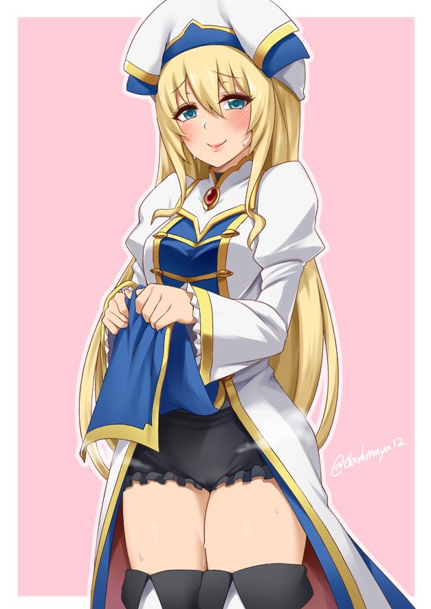 1girl blonde_hair blue_eyes blush cowboy_shot darkmaya dress dress_lift frilled_shorts frills goblin_slayer! hat lifted_by_self lips long_hair long_sleeves pink_lips priestess_(goblin_slayer!) puffy_long_sleeves puffy_sleeves shorts skirt skirt_lift smile solo sweat twitter_username