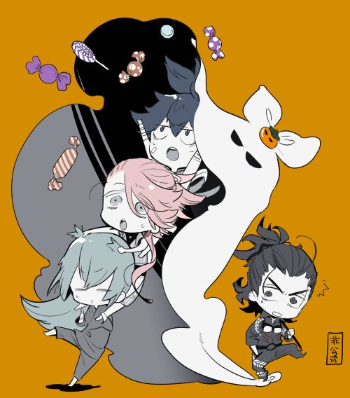 4boys black_hair blue_hair candy falling food fruit ghost_costume grey_eyes halloween kousetsu_samonji male_focus multiple_boys nihongou_(touken_ranbu) persimmon pink_hair sanpaku sayo_samonji souza_samonji surprised suzuki_jirou sweatdrop touken_ranbu