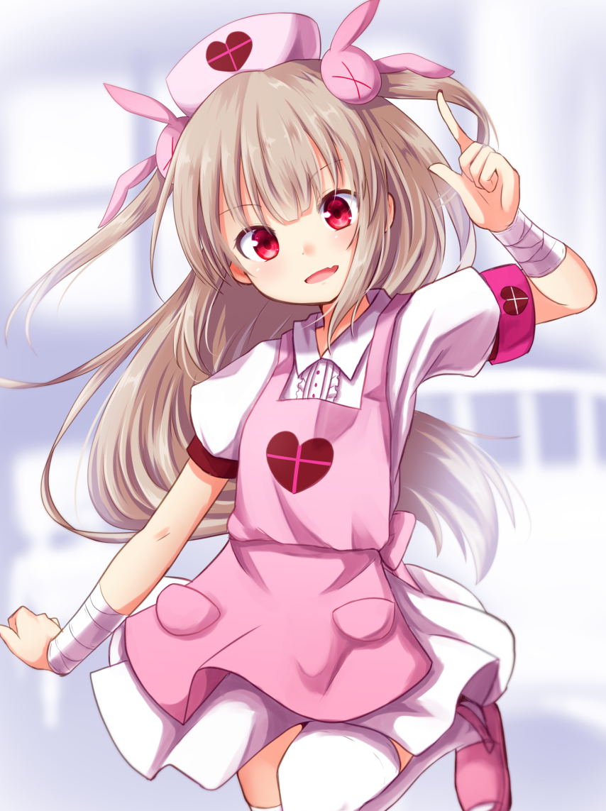 &gt;_&lt; 1girl :d arm_up armband bandage bandaged_arm bandages bangs baram blurry blurry_background bunny_hair_ornament collared_shirt commentary_request depth_of_field eyebrows_visible_through_hair fang hair_between_eyes hair_ornament hat head_tilt heart index_finger_raised light_brown_hair long_hair natori_sana nurse_cap open_mouth pink_footwear pink_hair pink_hat pleated_skirt puffy_short_sleeves puffy_sleeves red_eyes sana_channel shirt short_sleeves skirt smile solo standing standing_on_one_leg thigh-highs two_side_up very_long_hair virtual_youtuber white_legwear white_shirt white_skirt
