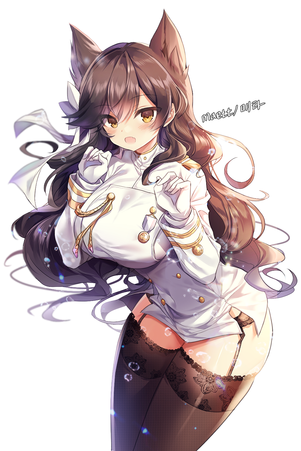 1girl animal_ears atago_(azur_lane) azur_lane bangs black_hair black_legwear blush breasts brown_eyes double-breasted garter_straps gloves hair_ribbon highres large_breasts long_hair long_sleeves looking_at_viewer maett military military_uniform miniskirt mole mole_under_eye open_mouth pencil_skirt ribbon side_slit simple_background skirt solo standing thigh-highs uniform white_background white_gloves white_ribbon white_skirt