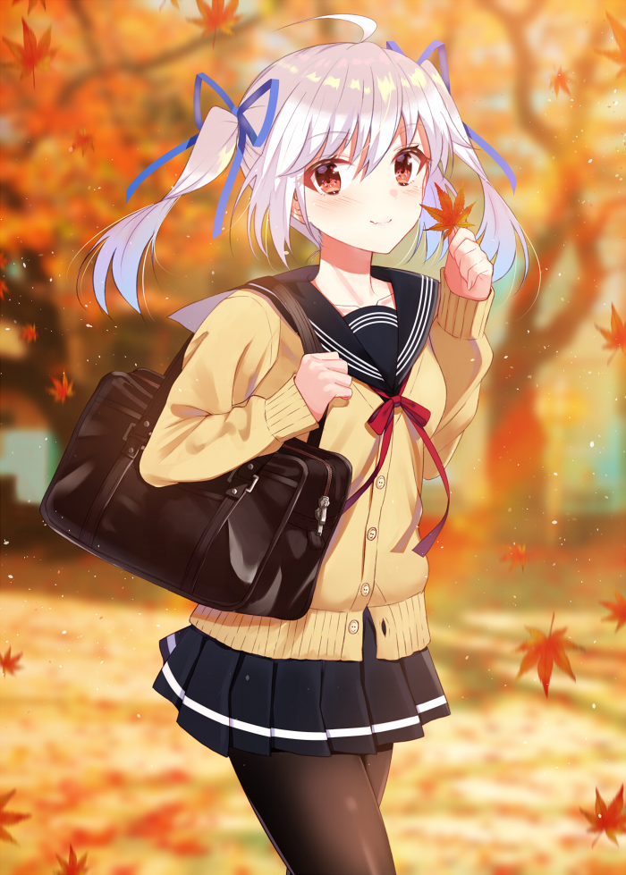 1girl ahoge autumn_leaves bag bangs black_sailor_collar black_skirt blue_ribbon blurry blurry_background blush brown_legwear cardigan closed_mouth collarbone commentary_request day depth_of_field eyebrows_visible_through_hair falling_leaves hair_between_eyes hair_ribbon hands_up holding holding_leaf leaf long_hair long_sleeves maple_leaf minatoasu neck_ribbon original outdoors pantyhose pleated_skirt red_eyes red_ribbon ribbon sailor_collar school_bag school_uniform serafuku sidelocks silver_hair skirt sleeves_past_wrists smile solo standing tree twintails yellow_cardigan