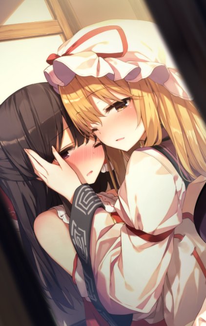 2girls bad_id bad_twitter_id bangs bare_shoulders black_hair blonde_hair blush brown_eyes commentary_request detached_sleeves dress dutch_angle eyebrows_visible_through_hair hakurei_reimu hat hat_ribbon juliet_sleeves long_hair long_sleeves looking_at_viewer mob_cap multiple_girls nose_blush one_eye_closed parted_lips puffy_sleeves red_ribbon ribbon ribbon-trimmed_sleeves ribbon_trim shinoba tabard touhou upper_body white_dress white_hat wide_sleeves yakumo_yukari yellow_eyes yuri