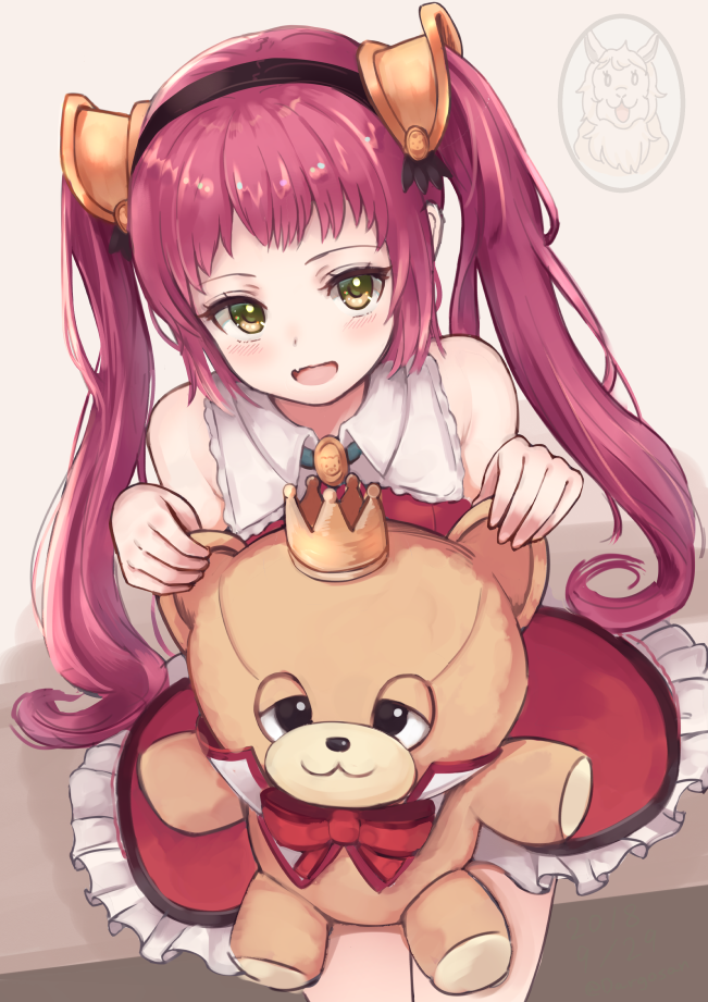 1girl :d armpit_crease bangs bare_shoulders blush bow crown dargo dress fang frilled_dress frills from_above green_eyes hair_ornament hairband houjou_ayane jewelry long_hair looking_at_viewer open_mouth pendant princess_connect! princess_connect!_re:dive red_bow red_dress redhead rima_(princess_connect) sidelocks sitting sleeveless sleeveless_dress smile solo stuffed_animal stuffed_toy teddy_bear twintails very_long_hair