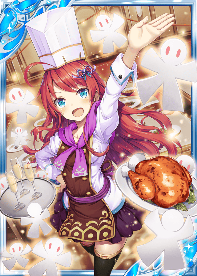1girl :d akkijin blue_eyes blue_ribbon breasts card_(medium) chef chef_hat chef_uniform chicken_(food) dish food frilled_skirt frills glass glowing hair_ornament hand_up hat indoors long_hair looking_at_viewer looking_up medium_breasts official_art open_mouth redhead ribbon shikigami shinkai_no_valkyrie skirt smile table thigh-highs