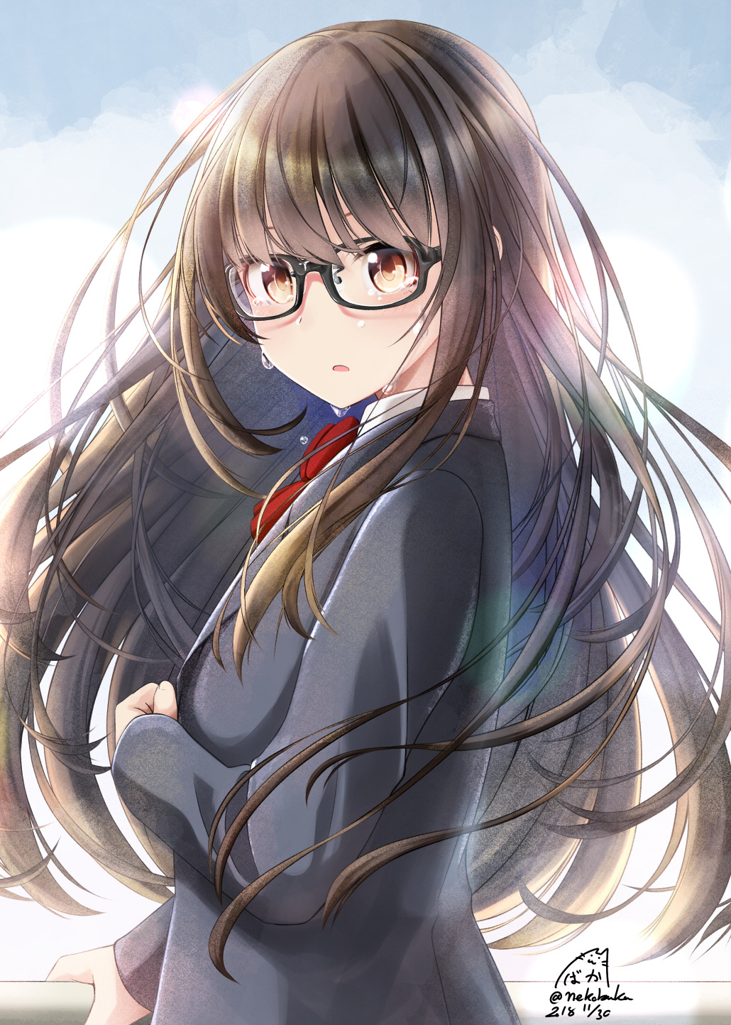 1girl artist_name bangs black-framed_eyewear black_hair black_jacket blazer blue_sky blush bow bowtie brown_eyes clenched_hand commentary_request crying crying_with_eyes_open dated day from_side glasses highres jacket long_hair long_sleeves looking_at_viewer looking_to_the_side nekobaka original outdoors parted_lips red_neckwear school_uniform sidelocks signature sky sleeves_past_wrists solo tears upper_body wing_collar