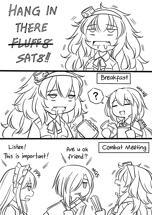 4girls cigarette comic commentary crossed_out cup english food girls_frontline guin_guin hair_over_one_eye long_hair maid_headdress mg5_(girls_frontline) mk48_(girls_frontline) multiple_girls pkp_(girls_frontline) s.a.t.8_(girls_frontline) saliva toast trembling uniform