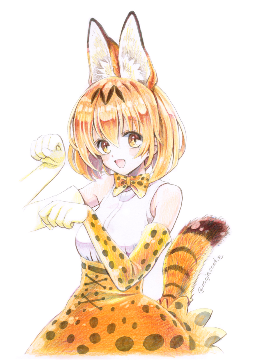 1girl animal_ears blonde_hair bow bowtie breasts colored_pencil_(medium) cowboy_shot elbow_gloves extra_ears eyebrows_visible_through_hair gloves highres kemono_friends looking_at_viewer mojacookie open_mouth print_gloves print_neckwear print_skirt serval_(kemono_friends) serval_ears serval_print serval_tail simple_background skirt sleeveless smile solo tail traditional_media white_background yellow_eyes