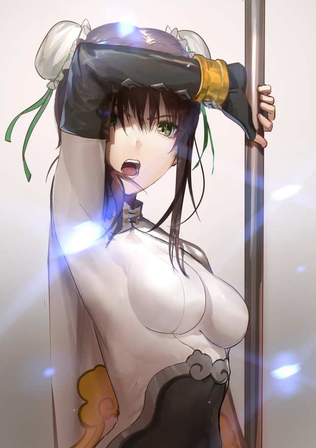 1girl arm_up bangs black_bodysuit black_gloves bodysuit breasts brown_hair bun_cover commentary_request double_bun elbow_gloves eyebrows_visible_through_hair fate/grand_order fate_(series) fingerless_gloves gloves green_eyes green_ribbon grey_background hair_between_eyes holding long_hair medium_breasts nuda open_mouth qin_liangyu_(fate) ribbon side_bun solo