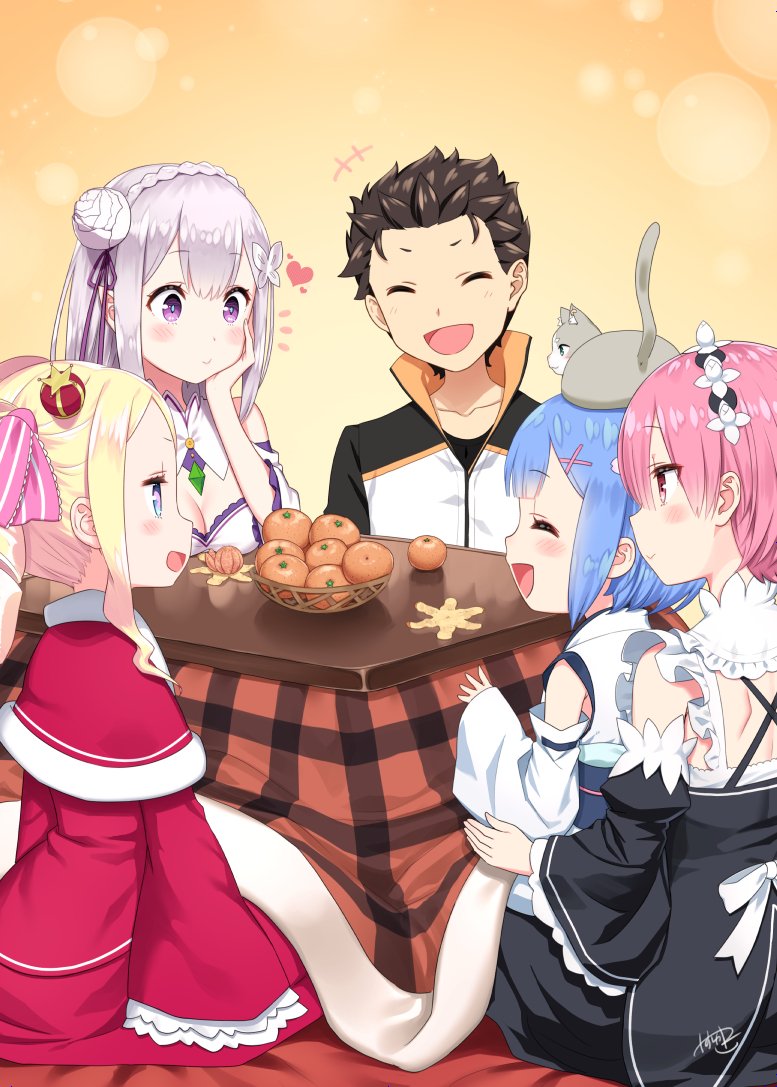 1boy 4girls animal animal_on_head bangs beatrice_(re:zero) black_hair blonde_hair blue_eyes blue_hair blunt_bangs cat cat_on_head closed_eyes commentary_request crown detached_sleeves dress drill_hair emilia_(re:zero) flower food frilled_sleeves frills fruit hair_flower hair_ornament hair_ribbon heart kotatsu lavender_hair long_hair maid maid_headdress mandarin_orange mini_crown multiple_girls natsuki_subaru on_head orange_background pink_hair pink_ribbon pointy_ears purple_ribbon ram_(re:zero) re:zero_kara_hajimeru_isekai_seikatsu red_eyes red_ribbon rem_(re:zero) ribbon ribbon-trimmed_clothes ribbon_trim rose short_hair sitting spiky_hair table twin_drills violet_eyes white_flower white_rose x_hair_ornament yasuyuki