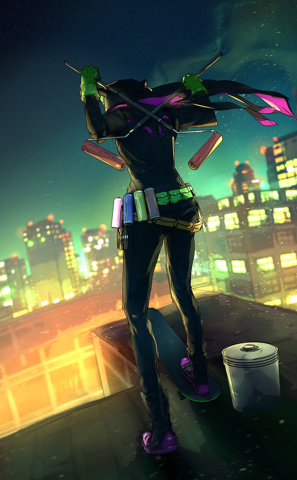 1girl animal_hood belt blurry blurry_background city city_lights fisheye_placebo from_behind gloves highres hood hoodie jen_(fisheye_placebo) night paint_can paint_roller scarf skateboard solo spray_paint standing wenqing_yan