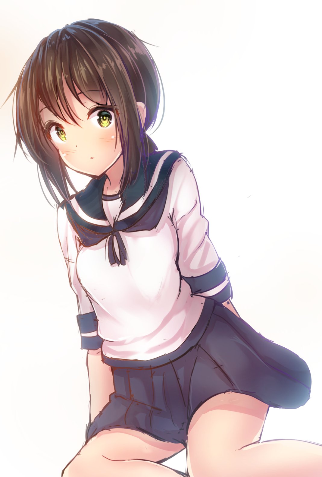 1girl blue_skirt brown_hair commentary_request feet_out_of_frame fubuki_(kantai_collection) highres kantai_collection long_hair looking_at_viewer low_ponytail minarai_shachou pleated_skirt ponytail school_uniform serafuku short_hair short_ponytail sidelocks simple_background sitting skirt solo white_background yokozuwari