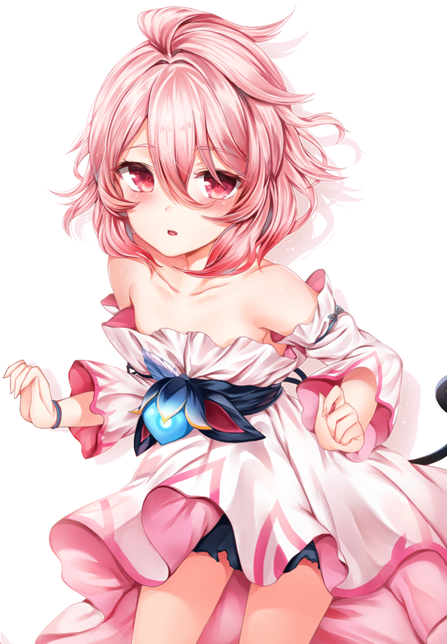 1girl bangs blush bracelet collarbone dress elsword eyebrows_visible_through_hair gradient_hair hair_between_eyes hands_up highres jewelry laby_(elsword) leaning_forward looking_at_viewer multicolored_hair painteen pink_hair red_eyes sharp_teeth sidelocks simple_background smile strapless strapless_dress teeth white_background wristband