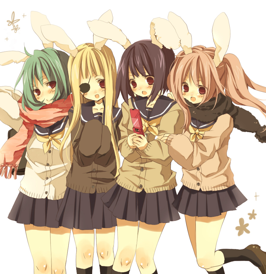 black_hair blonde_hair bunny_ears cellphone eyepatch hinazawa_kirie phone pink_hair rabbit_ears scarf school_uniform seifuku siesta00 siesta410 siesta45 siesta556 siesta_00 siesta_410 siesta_45 siesta_556 siesta_sisters skirt umineko_no_naku_koro_ni