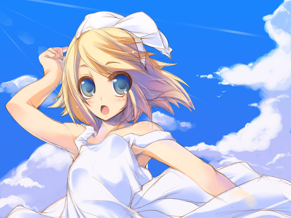 blonde_hair kagamine_rin open_mouth short_hair sky solo vocaloid