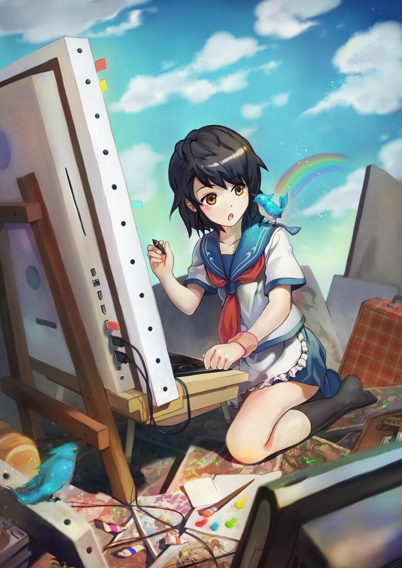 apron art_brush bird bird_on_shoulder black_hair black_legwear brown_eyes oekaki_musume original paint paintbrush pixiv rainbow ryuutetsu school_uniform seifuku serafuku short_hair sitting socks solo wristband