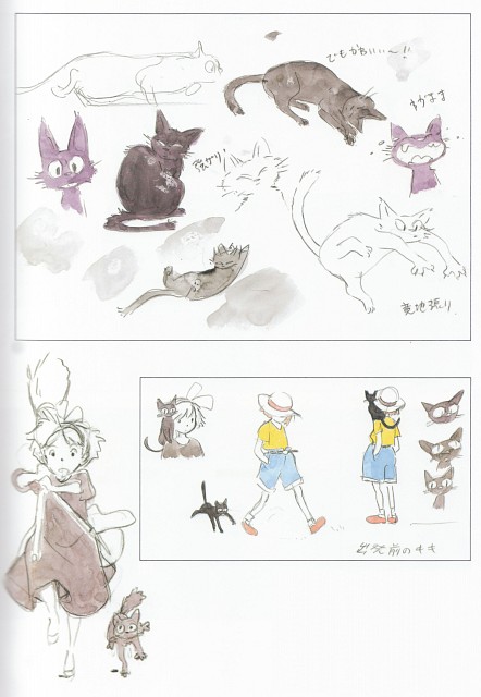 1girl black_cat broom brown_hair casual cat concept_art hat hat_over_eyes jiji_(majo_no_takkyuubin) kiki majo_no_takkyuubin scan scan_artifacts short_hair shorts solo studio_ghibli witch