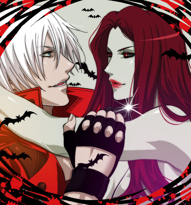 bare_shoulders bats blue_eyes couple dante devil_may_cry devil_may_cry_3 female fingerless_gloves gloves grey_skin long_hair male nevan peach-usa rabi red_eyes red_lips redhead short_hair succubus trenchcoat white_hair