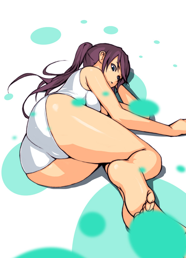 ass barefoot blue_eyes brown_hair feet long_hair lying one-piece one-piece_swimsuit ponytail solo swimsuit