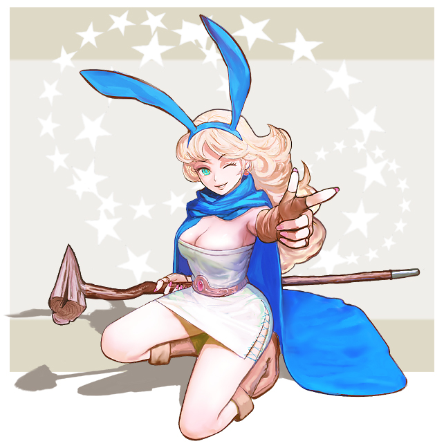 bad_id bang blonde_hair boots breasts bunny_ears cape cleavage dragon_quest dragon_quest_iii dress finger_gun fingerless_gloves gloves green_eyes jester_(dq3) kneeling long_hair okojo rabbit_ears sage_(dq3) squat staff tube_dress wink