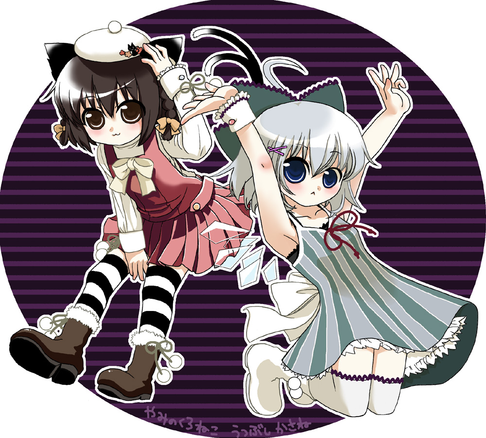 :&lt; :3 \o/ ahoge animal_ears arms_up beret blue_eyes boots braid brown_eyes brown_hair cat_ears chen cirno hat kasane leaning_forward multiple_girls outstretched_arms ribbon short_hair silver_hair striped striped_legwear striped_thighhighs tail thigh-highs thighhighs touhou twin_braids wings