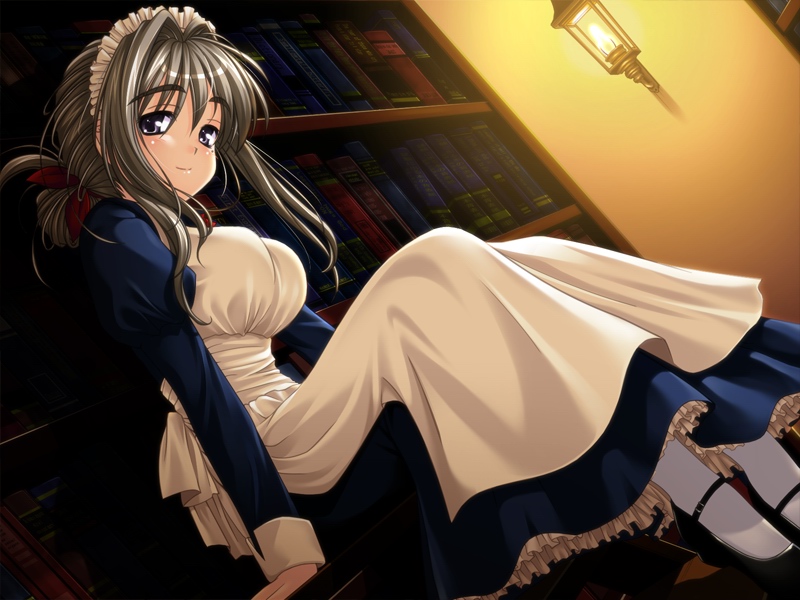 arm_support blush book bookcase bookshelf breasts brown_hair dutch_angle game_cg grey_eyes hairband lamp large_breasts long_hair maid maid_headdress mole pantyhose shinju_no_yakata shiori_(shinju_no_yakata) shoes sitting smile solo yuyi