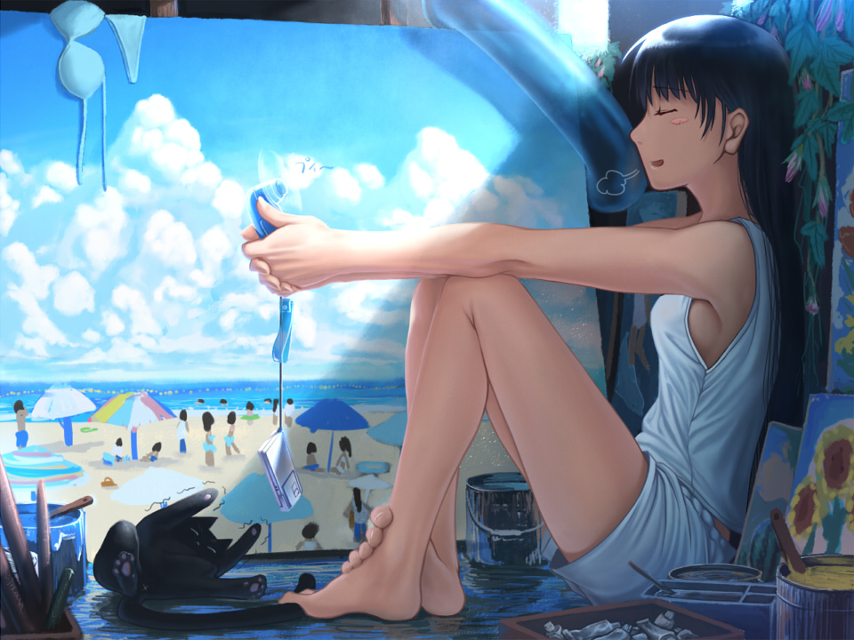 armpits art_brush barefoot beach black_cat black_hair blush bra brush casual cat cellphone closed_eyes cloud clouds electric_fan feet hands innertube lain lain_(artist) leaf legs lingerie long_hair ocean original paint paintbrush painting painting_(object) panties phone profile shorts sideways sigh sitting sky sleeveless solo trembling underwear