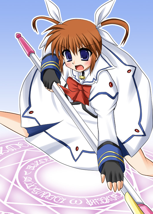 blue_eyes brown_hair cross_(artist) cross_(crossryou) dress gloves hair_ribbon hair_ribbons mahou_shoujo_lyrical_nanoha raising_heart ribbon ribbons takamachi_nanoha twintails