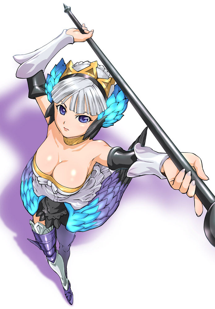 armor armored_dress armpits blue_eyes breasts choker cleavage detached_sleeves down_blouse from_above gwendolyn large_breasts odin_sphere silver_hair thigh-highs thighhighs ueyama_michirou weapon