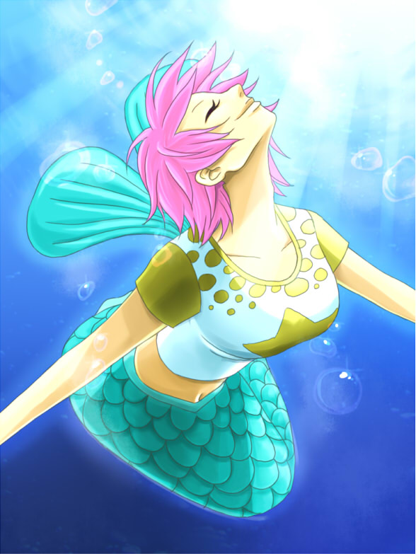 fins happy mermaid miura monster_girl navel one_piece pink_hair scales short_hair smile underwater