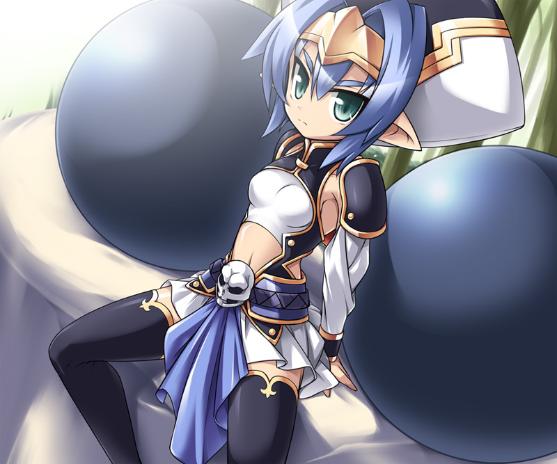 blue_hair boots flat_chest frown hat hellmatio katami_shinta midriff pointy_ears shinrabansho shinrabanshou short_hair solo thigh_boots thighhighs