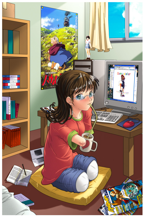 bedroom blush brown_hair computer drink drinking gamera gamera1985 ghibli glasses howl_no_ugoku_shiro internet magazine nintendo_ds otaku_room poster_(object) quadruple_amputee sitting what window windows_xp without_logic