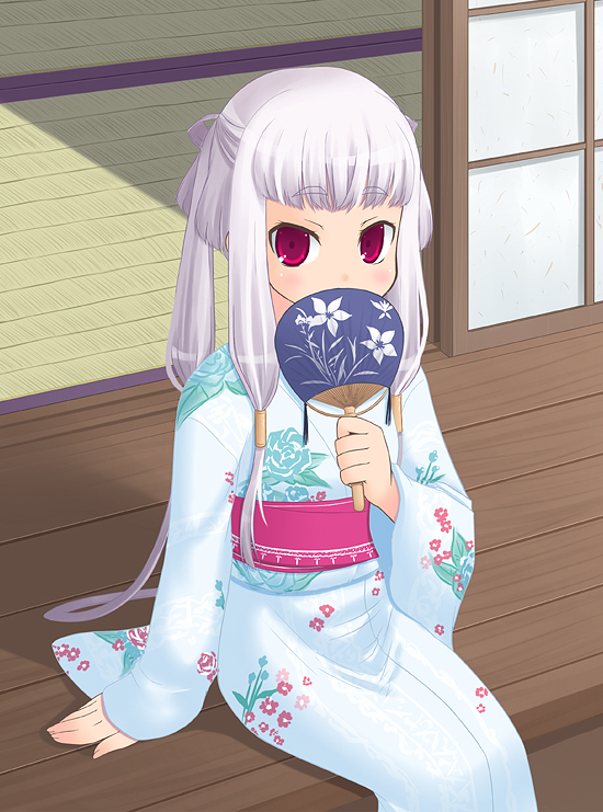 1girl code_geass covering_mouth fan grey_hair japanese_clothes kimono porch red_eyes sitting solo tianzi veranda yumeutarium