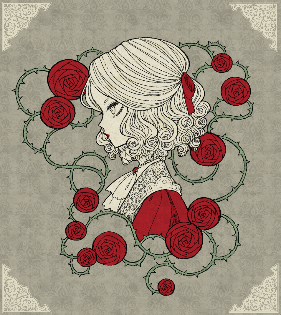 1girl ascot bloodborne brooch character_request curly_hair eleanor_(ohmyeleanor) eyelashes flower from_side grey_background hair_ribbon jewelry lace_border limited_palette lips lipstick mackintosh_rose makeup medium_hair necklace patterned_background plant red_ribbon ribbon rose solo thorns upper_body vines