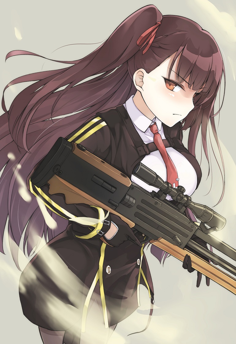 bangs black_legwear black_skirt breasts brown_eyes brown_hair bullpup closed_mouth collared_shirt cowboy_shot eyebrows_visible_through_hair framed_breasts girls_frontline gloves gun hair_between_eyes hair_ornament half_updo high-waist_skirt holding holding_gun holding_weapon large_breasts long_hair looking_at_viewer necktie one_side_up pantyhose peace_inari red_neckwear red_ribbon ribbon rifle shirt simple_background skirt sniper_rifle strap strap_gap thighband_pantyhose tsurime very_long_hair wa2000_(girls_frontline) walther walther_wa_2000 weapon