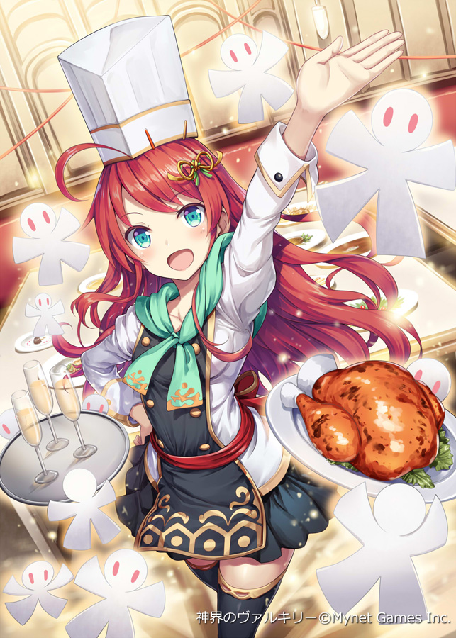 1girl :d akkijin blue_eyes blue_ribbon breasts chef chef_hat chef_uniform chicken_(food) dish food frilled_skirt frills frying_pan glass glowing hair_ornament hand_up hat indoors long_hair looking_at_viewer looking_up medium_breasts official_art open_mouth redhead ribbon shikigami shinkai_no_valkyrie skirt smile table thigh-highs