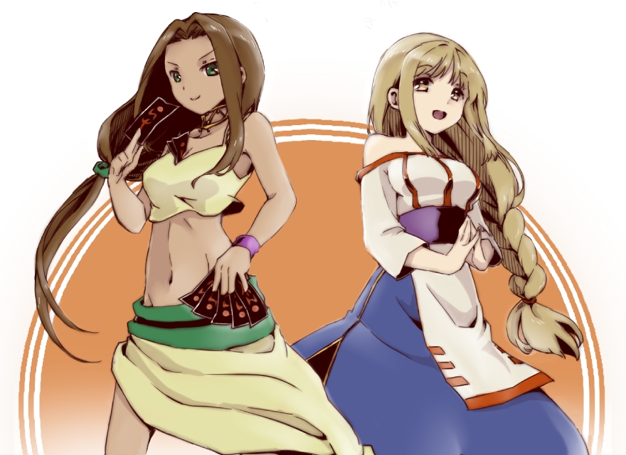 arc_the_lad arc_the_lad_ii bare_shoulders blonde_hair blush braid breasts brown_eyes cleavage commentary_request dress lieza long_hair looking_at_viewer multiple_girls open_mouth sania_(arc_the_lad) smile surume_(surume_8738) very_long_hair